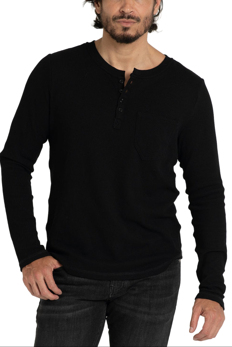 KNITTED HENLEY T-SHIRT IN BLACK
