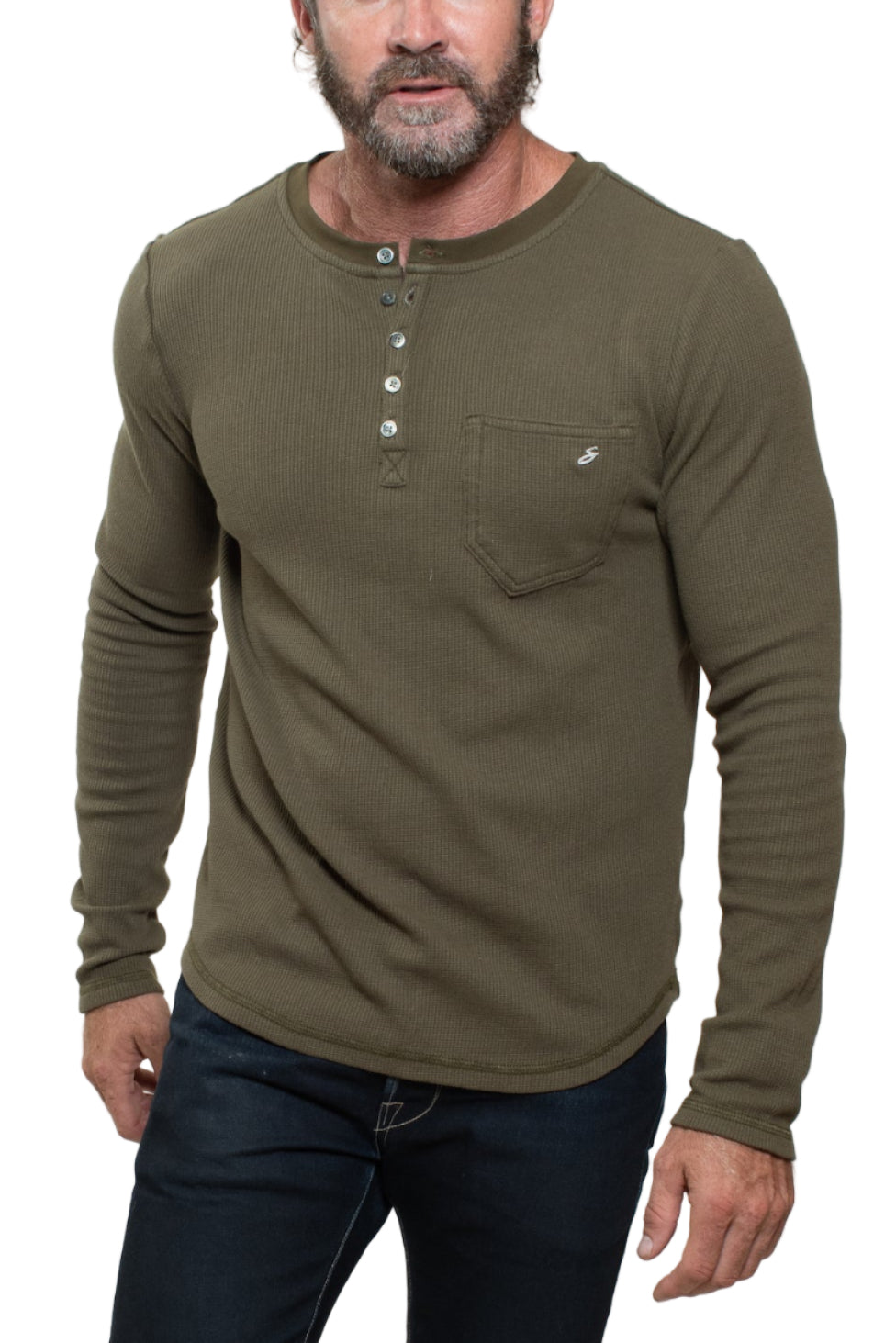 KNITTED HENLEY T-SHIRT IN MILITARY GREEN