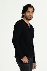 KNITTED HENLEY T-SHIRT IN BLACK